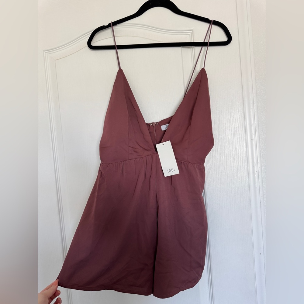 Tobi Dark Mauve Deep V Neck Spaghetti Strap Romper